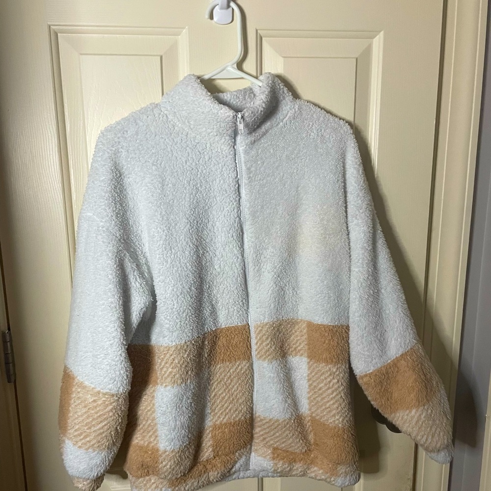 Plaid Print Drop Shoulder Teddy Coat